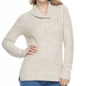 Womens Sweater Braided Beige Large Button Shawl Collar Vented Croft & Barrow